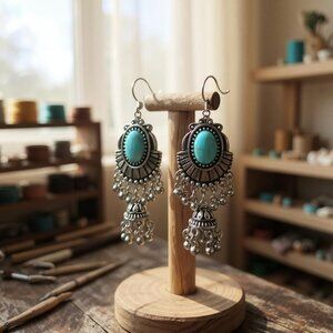 Southwestern Blue Turquoise Silvertone Earrings Bell Dangle Jewelry 3"